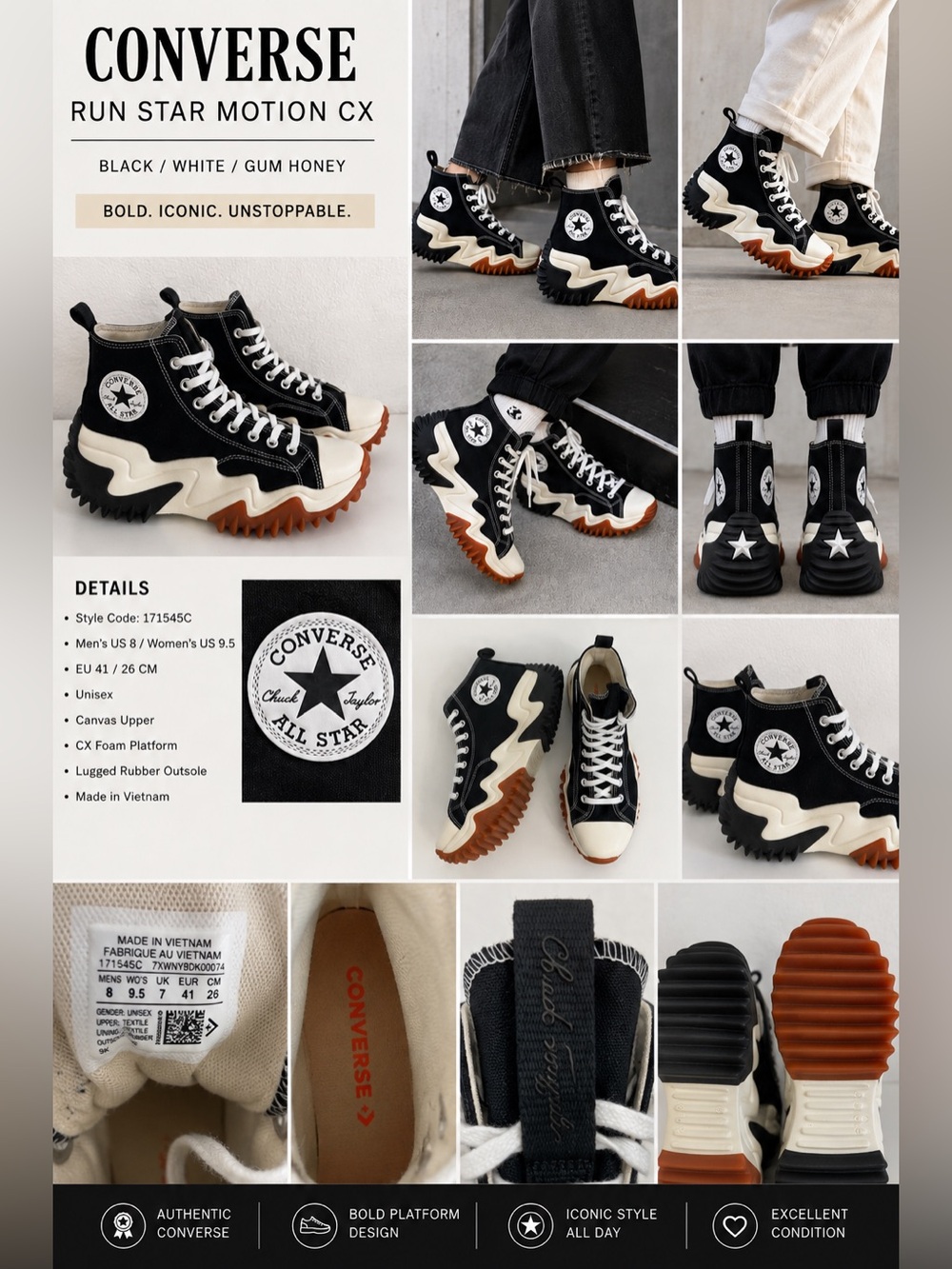 Converse Run Star Motion CX High Top Black Gum Platform Sneakers 8M / 9.5W